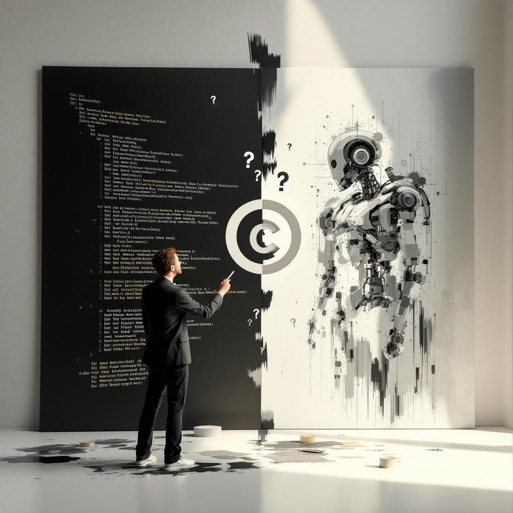 'AI Coeartwork'와 'Machine Learning Taste' 텍스트가 있는 미술관에서 두 명의 관람객이 추상적인 기하학 작품들을 감상하고, 오른쪽에는 AI 분석 데이터와 인간 두뇌 형상의 홀로그램이 표시된 인공지능 예술 큐레이션 전시 장면