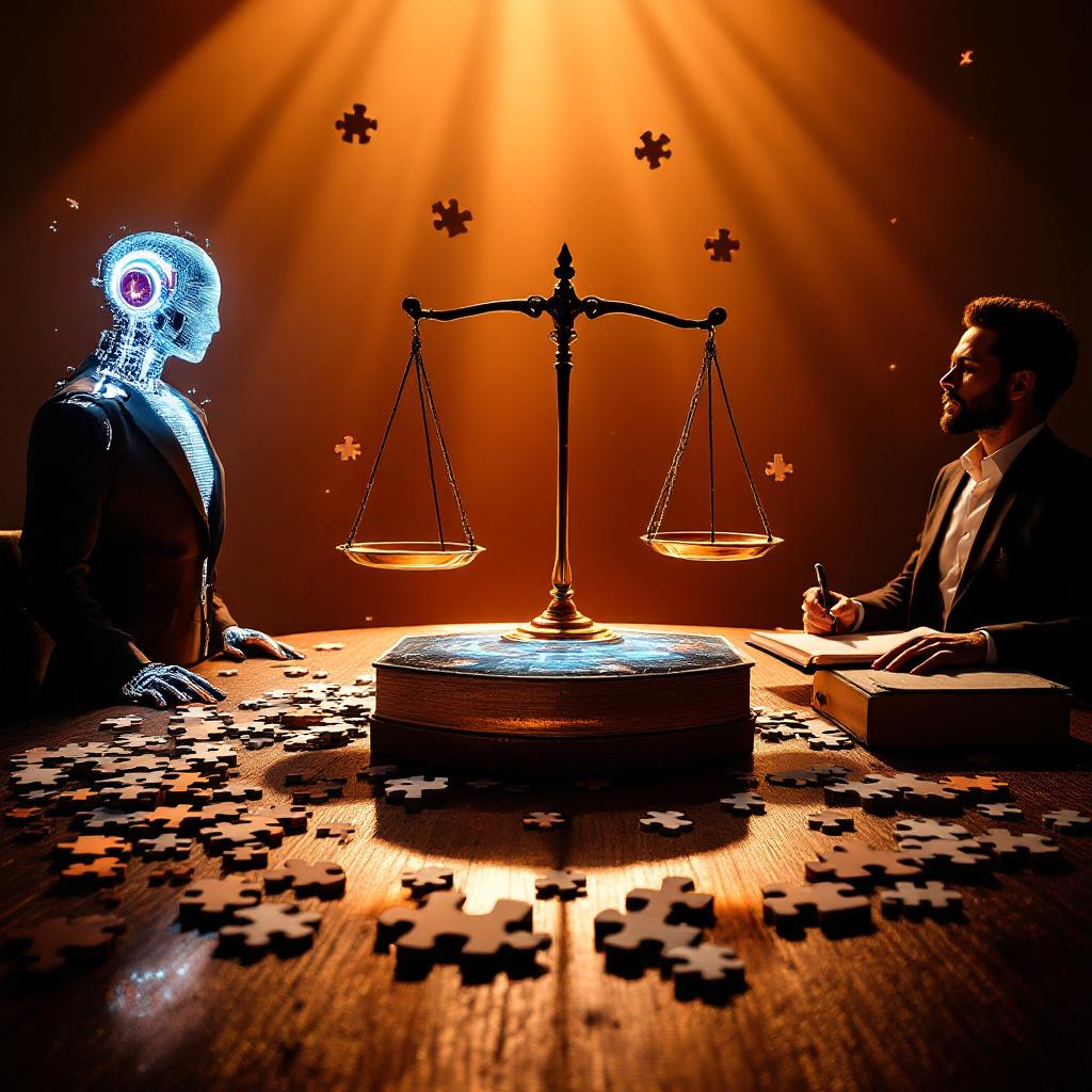 투명한 AI 로봇과 정장 차림의 남성이 책상 양쪽에 앉아 있고, 중앙에는 황금빛 정의의 저울과 퍼즐 조각들이 흩어져 있으며, 주황색 조명이 비추는 인공지능과 법률의 만남을 상징하는 장면