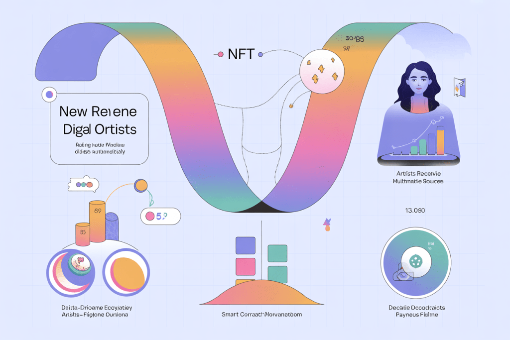 전통적인 따뜻한 조명의 갤러리 공간과 미래적인 오렌지빛 디지털 공간이 대비되며, 고전 회화와 현대 조각들이 전시되고 천장에는 기하학적 선과 홀로그램이 투영된 과거와 미래가 만나는 미술관 컨셉 이미지