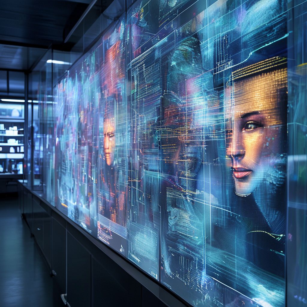 디지털 화면에 여러 인공지능 얼굴이 나타나 인간과 AI의 경계를 탐구하는 미래적 이미지
