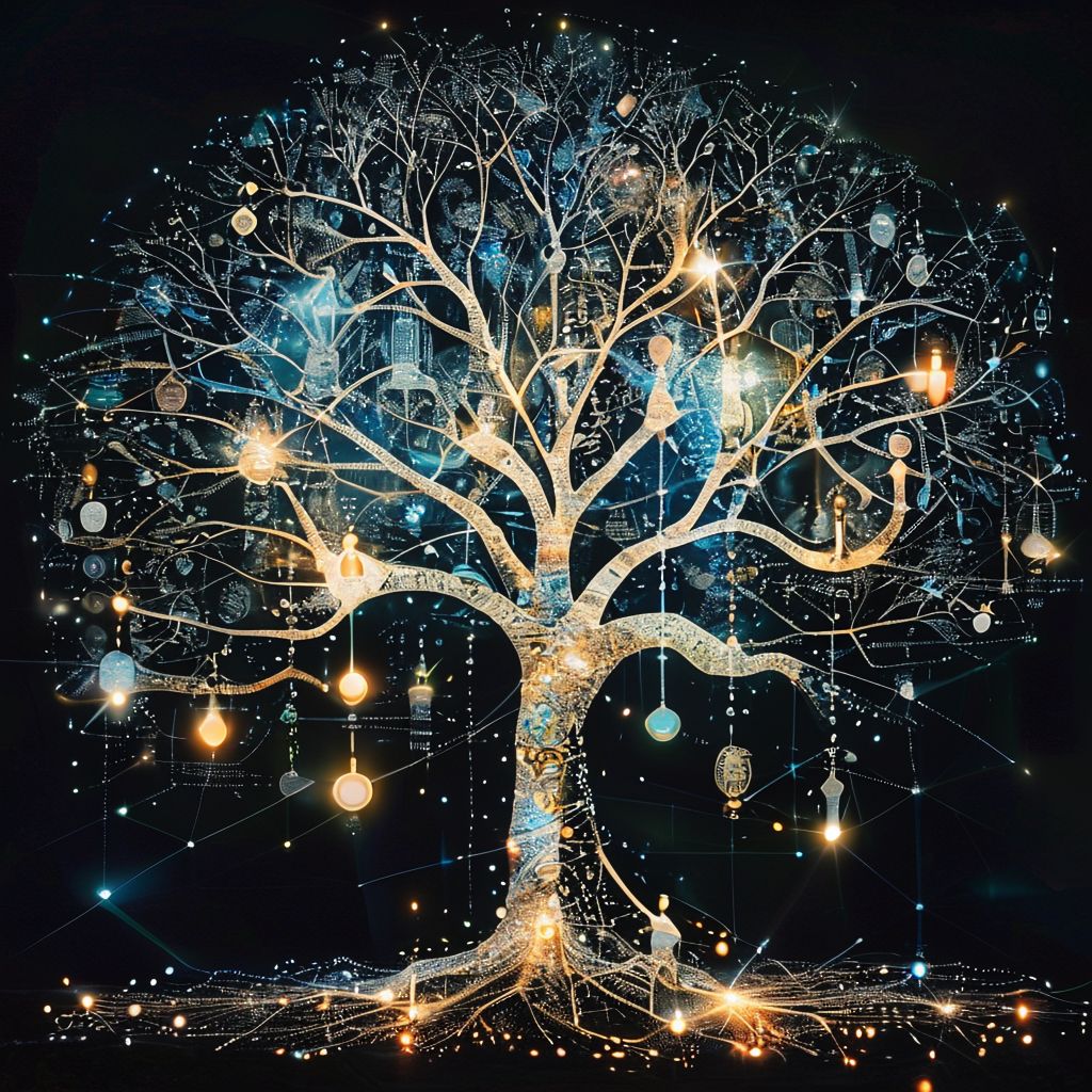 빛과 데이터로 이루어진 거대한 나무가 지식과 연결의 확장을 상징하는 디지털 아트 이미지