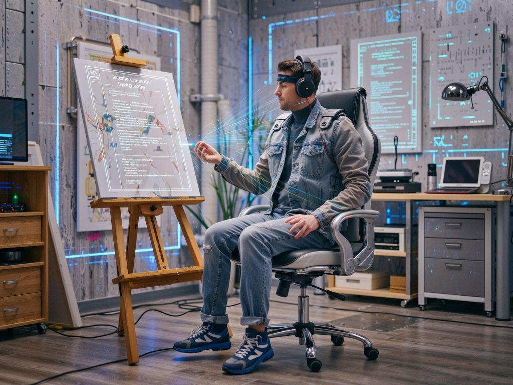 헤드셋을 착용한 남성이 홀로그램 캔버스 앞에서 디지털 창작 작업을 수행하는 미래 예술가의 모습