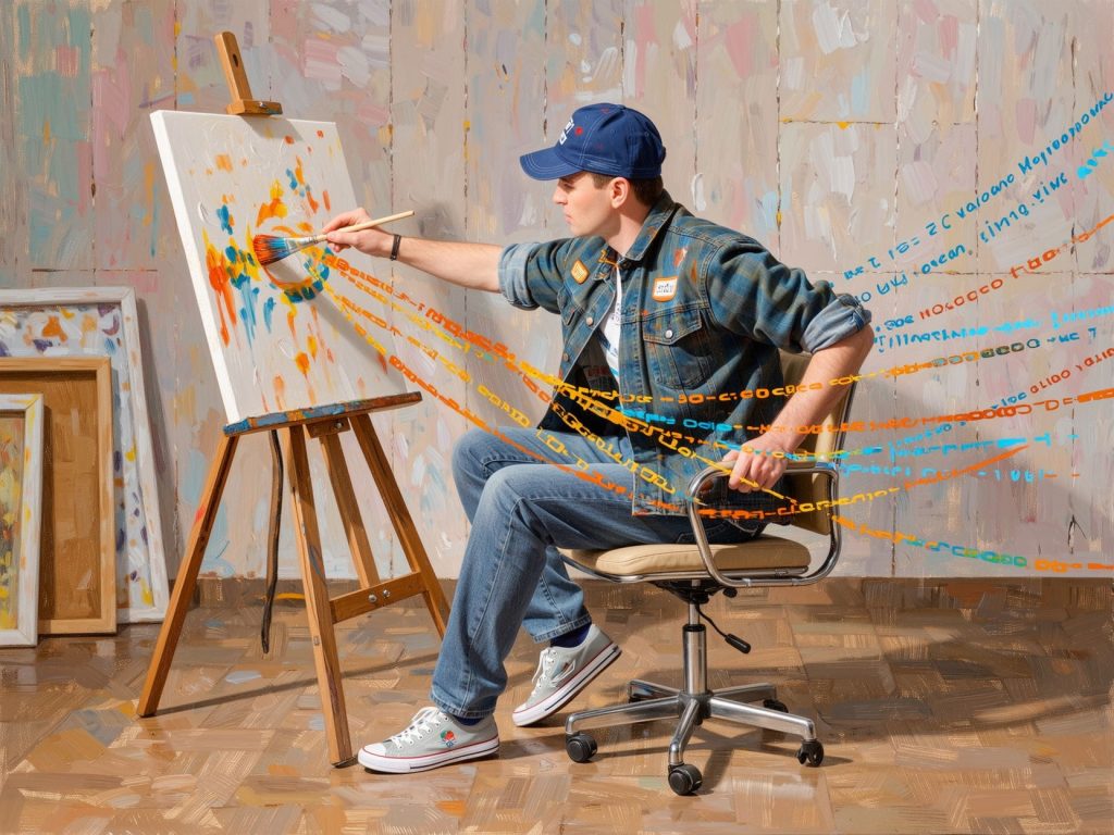 젊은 예술가가 캔버스에 그림을 그리며 디지털 데이터와 예술 감성을 결합하는 장면