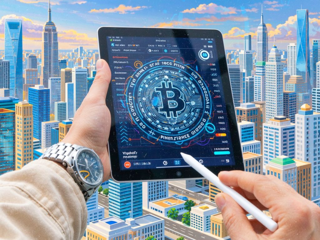 도심 전경을 배경으로 태블릿 화면에 비트코인 블록체인 네트워크가 표시된 디지털 금융 이미지