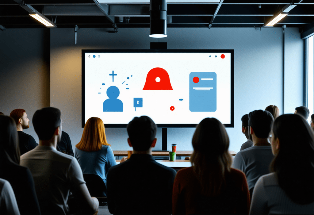 강의실에서 경고 아이콘을 화면으로 학습하는 사람들