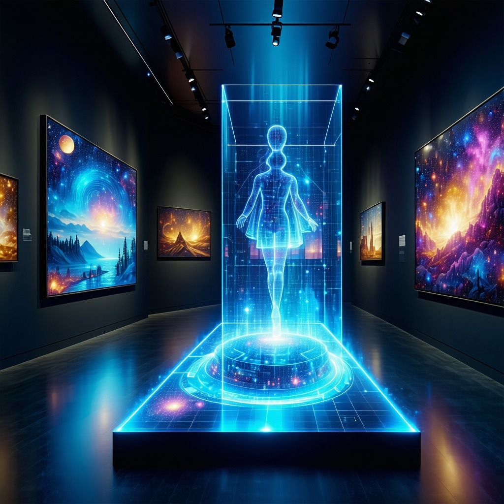 홀로그램 인물이 전시된 디지털 아트 갤러리에서 미래 예술의 경계를 표현한 장면