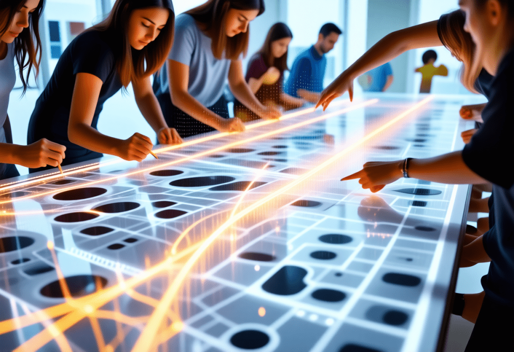 협업 테이블에서 데이터 맵을 분석하는 사람들