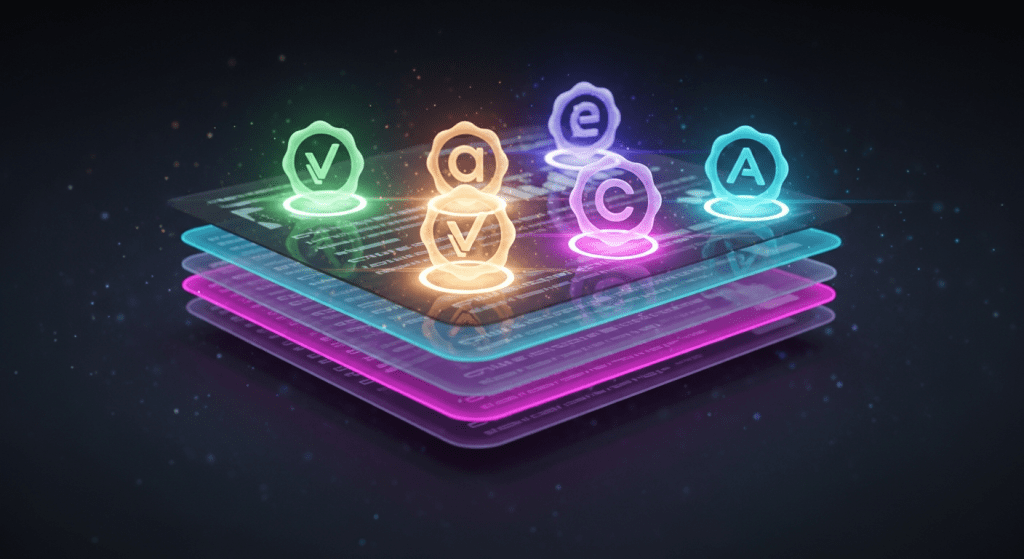 다층 데이터 패널 위에 떠 있는 형형색색의 아이콘들