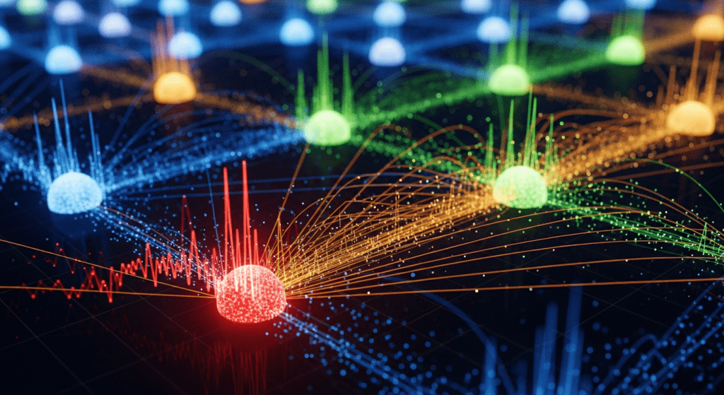 색색의 에너지 흐름이 연결된 디지털 노드 구조