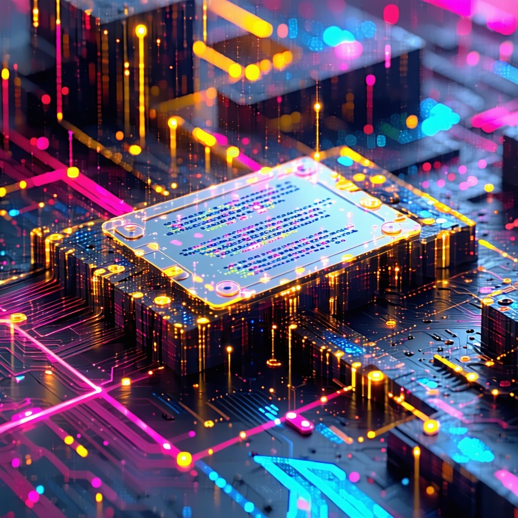 다채로운 빛으로 가득한 전자 회로 위에서 인공지능 칩이 작동하는 모습을 표현한 이미지