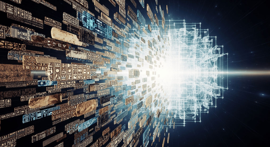고대 문양과 디지털 구조가 결합된 미래형 데이터 흐름