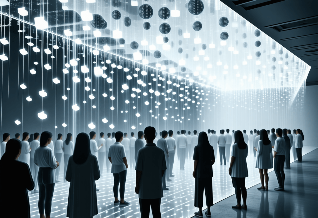 빛으로 가득한 공간에서 전시를 관람하는 사람들