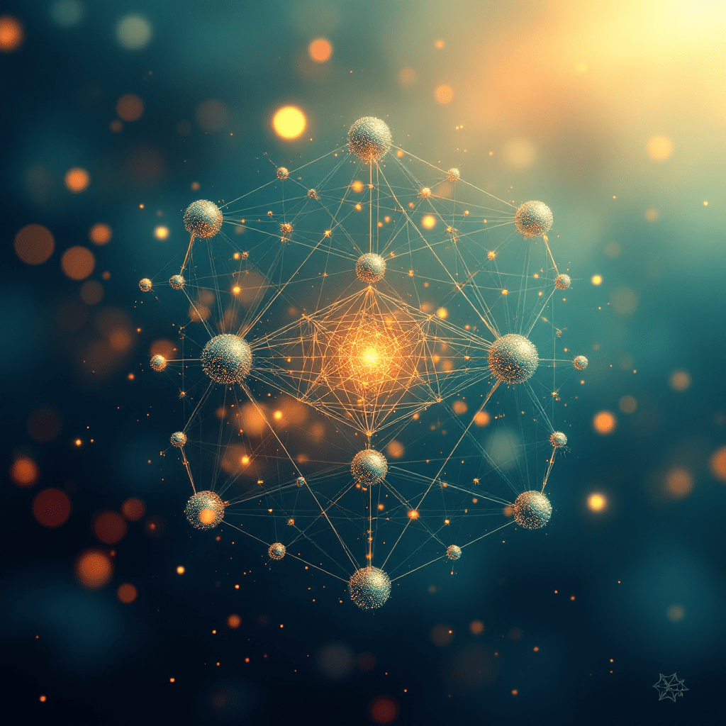 중심에서 빛나는 입자 네트워크 구조의 추상 이미지