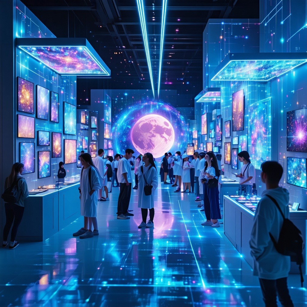 미래형 디지털 전시관에서 관람객들이 빛과 데이터로 구성된 예술 작품을 감상하는 장면