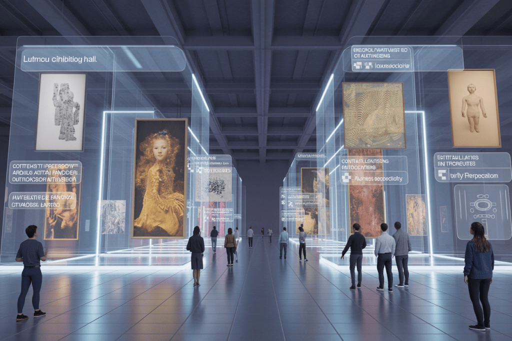 홀로그램 전시물 사이를 거니는 관람객들이 디지털 아트 갤러리를 감상하는 장면
