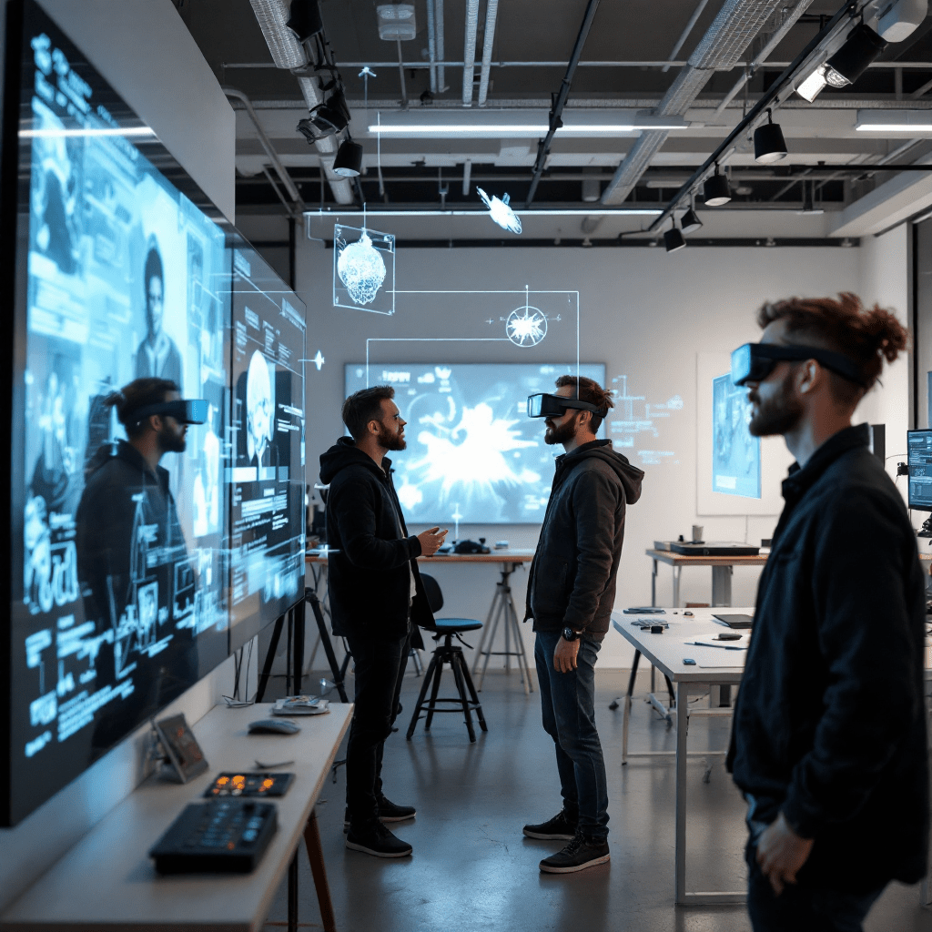 VR 장비로 가상 데이터를 분석하는 연구 팀