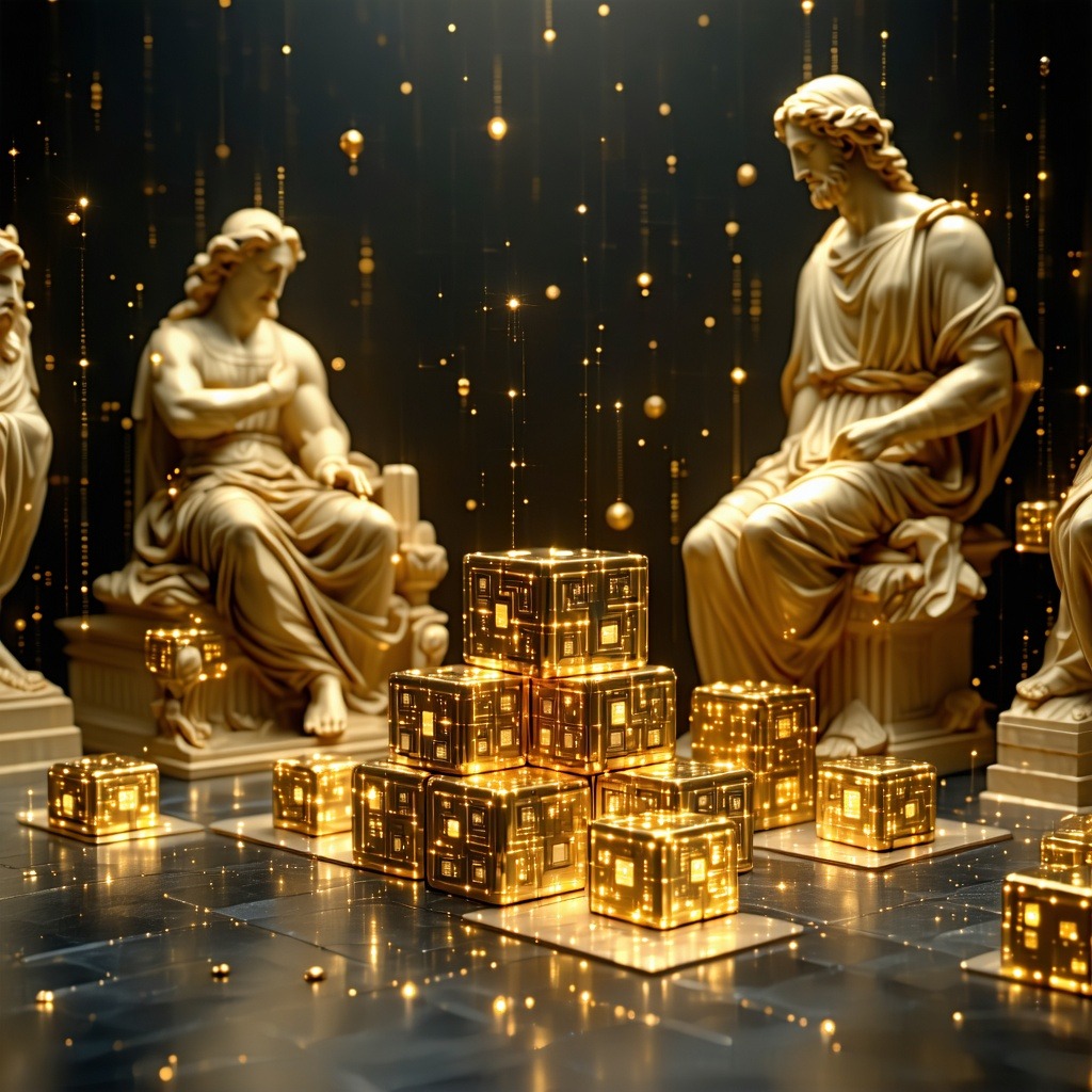 황금빛 데이터 블록이 고대 조각상 사이에 쌓여 기술과 예술의 융합을 상징하는 장면