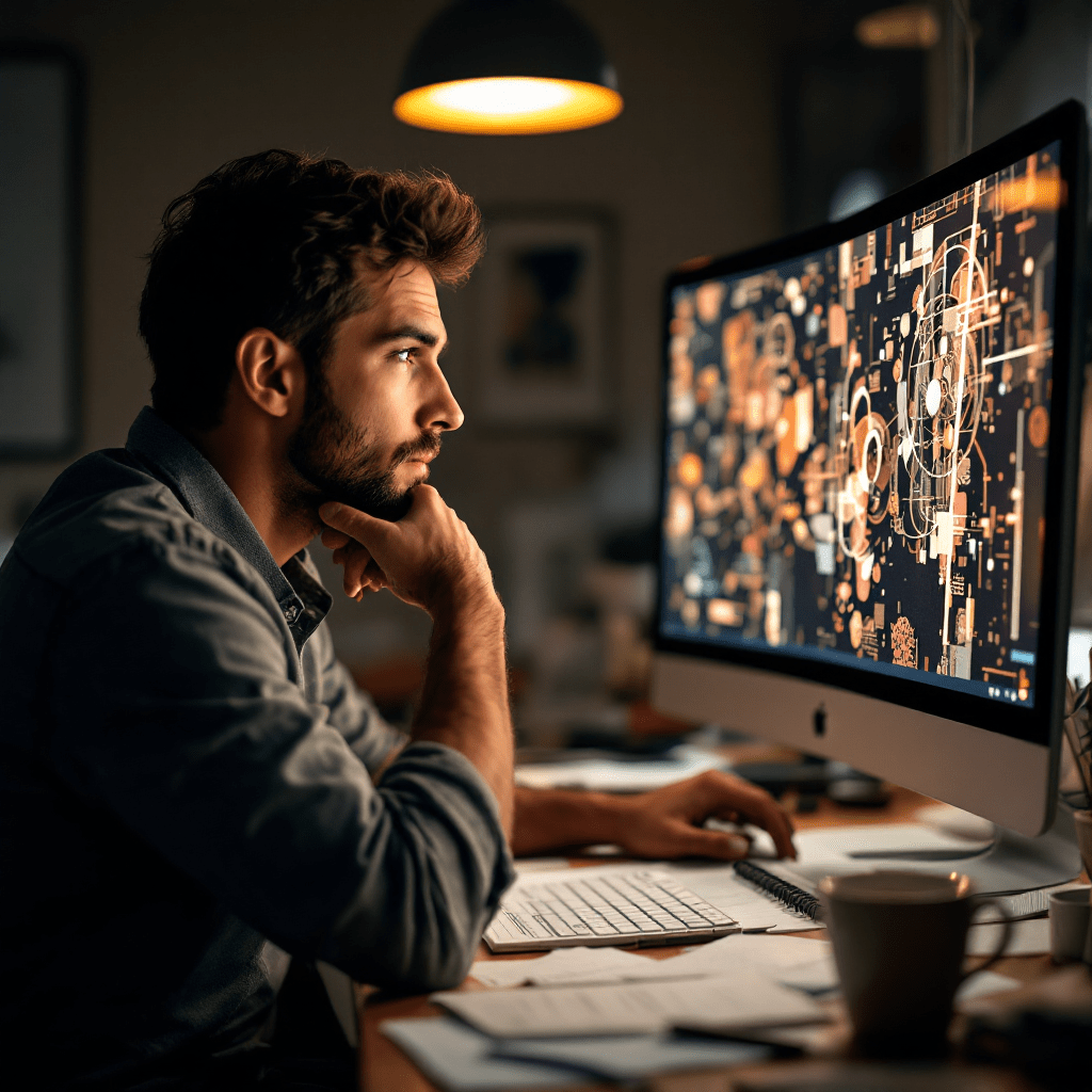 컴퓨터 화면 속 복잡한 데이터 패턴을 연구하는 남성