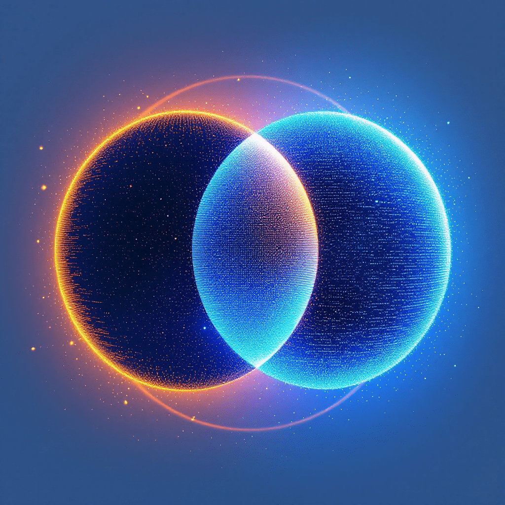 두 개의 빛나는 구체가 겹쳐지는 디지털 시각화