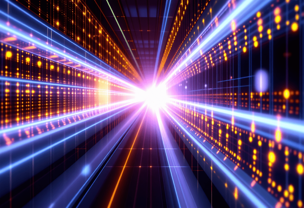 미래형 데이터 터널 속 빛의 속도 흐름 표현