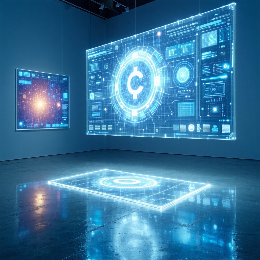 홀로그램 화면에 암호화 데이터와 디지털 인터페이스가 투사된 미래 기술 전시 공간