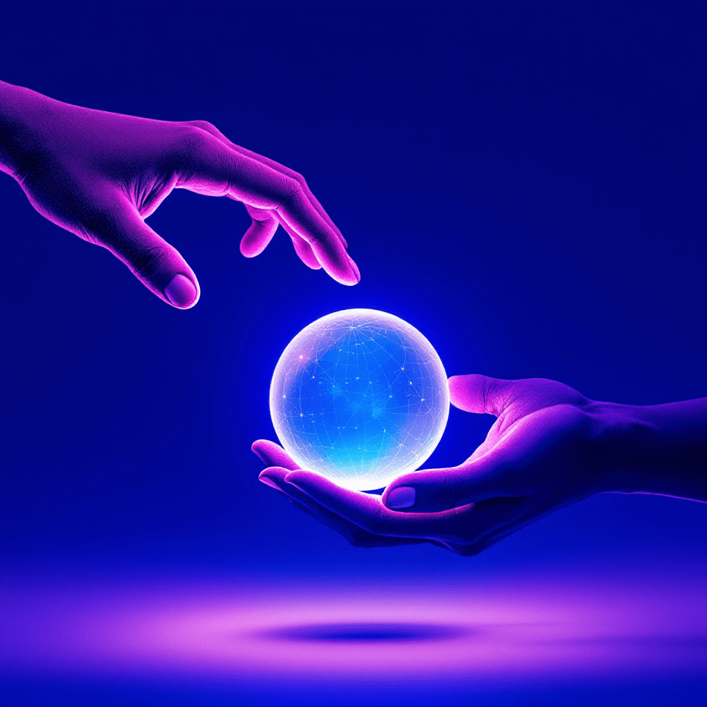 빛나는 구체를 전달하는 두 손의 디지털 아트