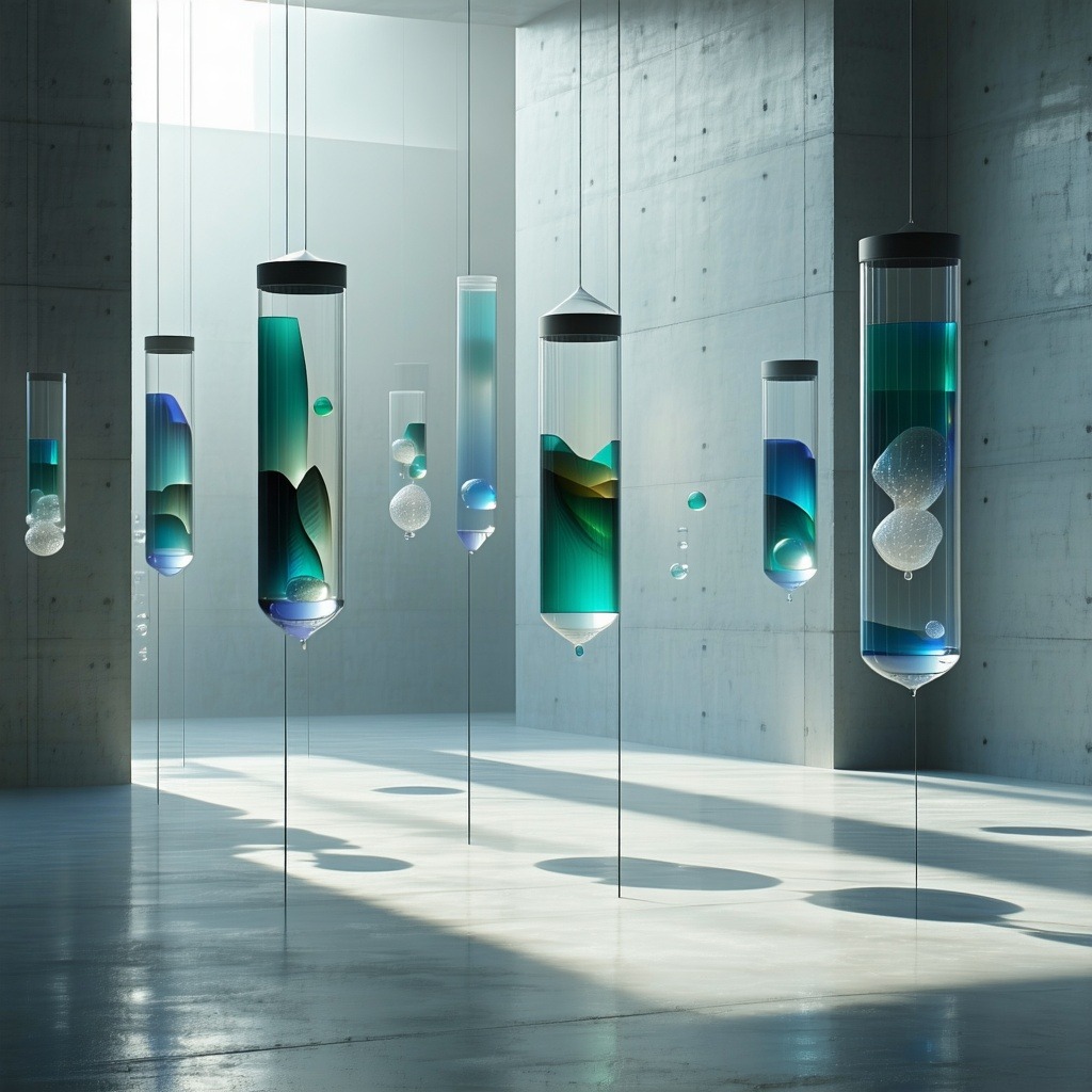 빛과 유리 구조물이 어우러진 현대 미술 전시 공간에서 떠 있는 투명한 조형물을 표현한 장면