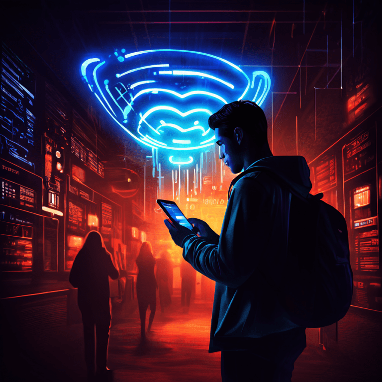 빛나는 공공 와이파이 기호에 이끌린 사용자 뒤로, 연결의 깊은 곳에서 어두운 디지털 갈고리와 데이터 덫이 모습을 드러내는 모습이다.