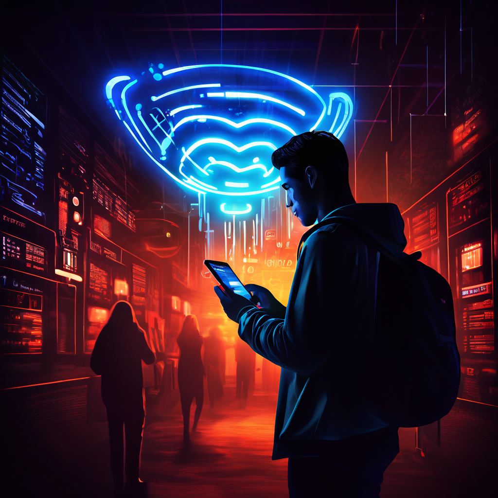 빛나는 공공 와이파이 기호에 이끌린 사용자 뒤로, 연결의 깊은 곳에서 어두운 디지털 갈고리와 데이터 덫이 모습을 드러내는 모습이다.