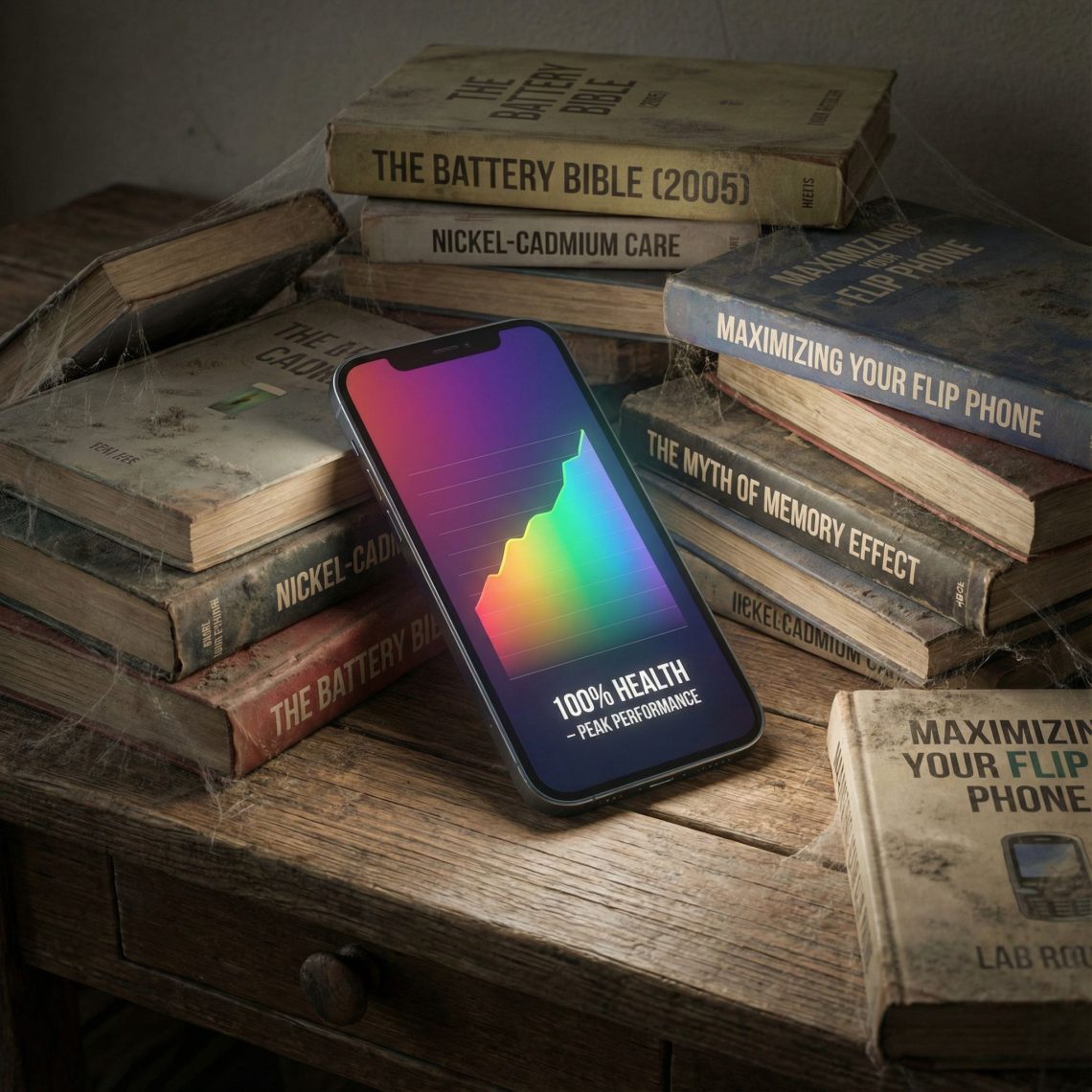 밝은 화면의 현대적 스마트폰에 선명한 배터리 건강 그래프가 표시되고, 그 앞에 낡고 먼지 쌓인 배터리