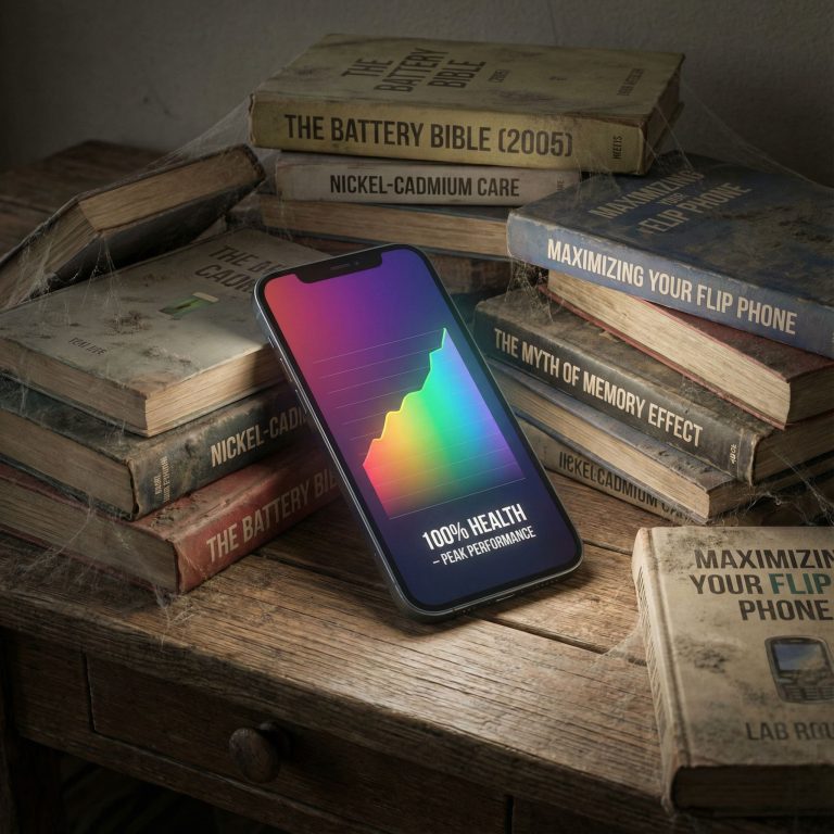 밝은 화면의 현대적 스마트폰에 선명한 배터리 건강 그래프가 표시되고, 그 앞에 낡고 먼지 쌓인 배터리