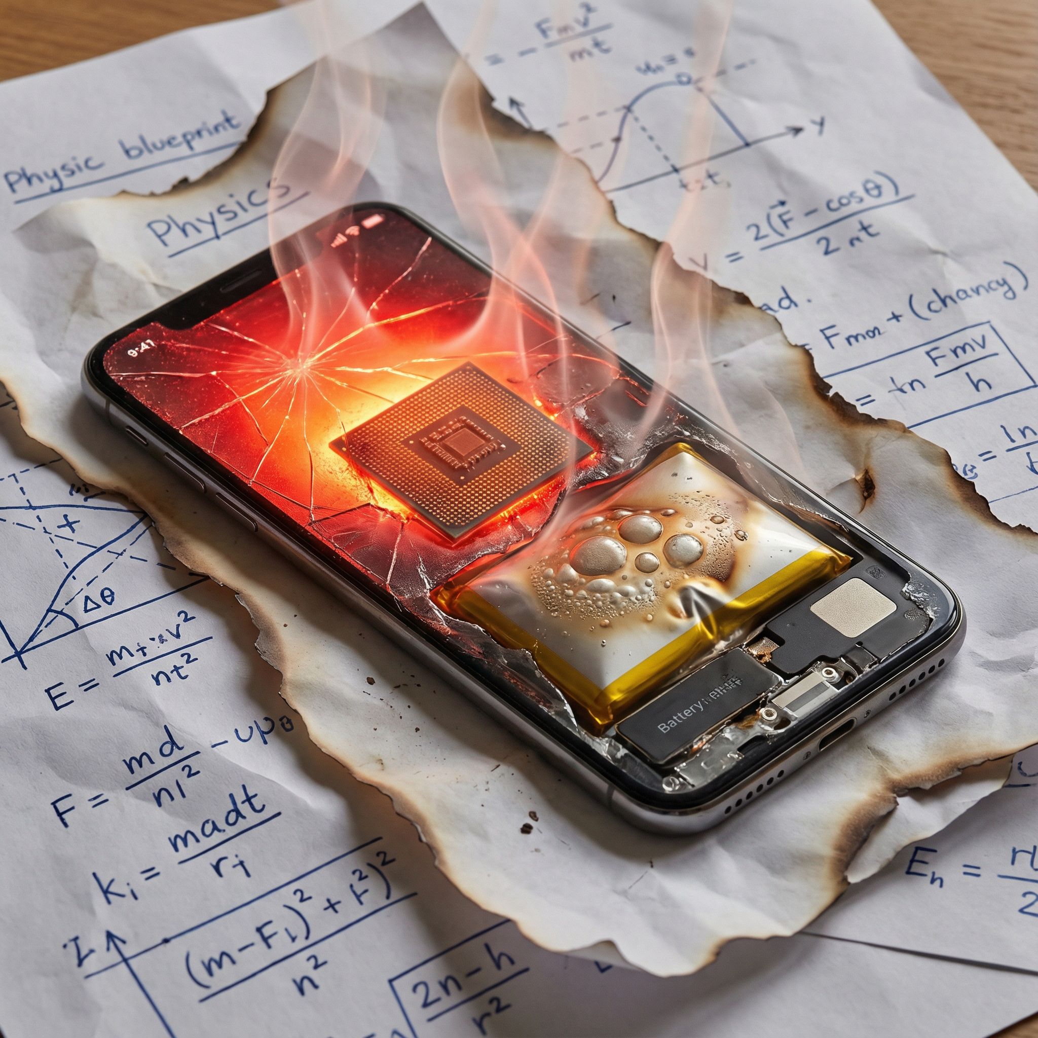 과열로 빨갛게 달아오른 스마트폰의 내부 회로와 배터리가 일그러지는 모습.