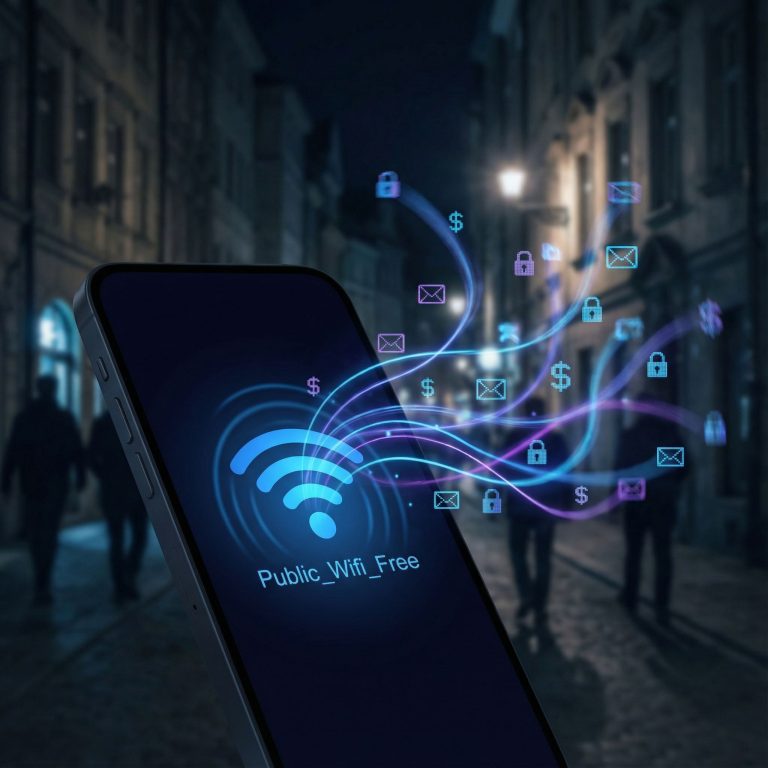 검정색 배경에 휴대전화가 공공 와이파이에 연결된 모습이며, 어둠 속으로 디지털 데이터가 새어 나가는