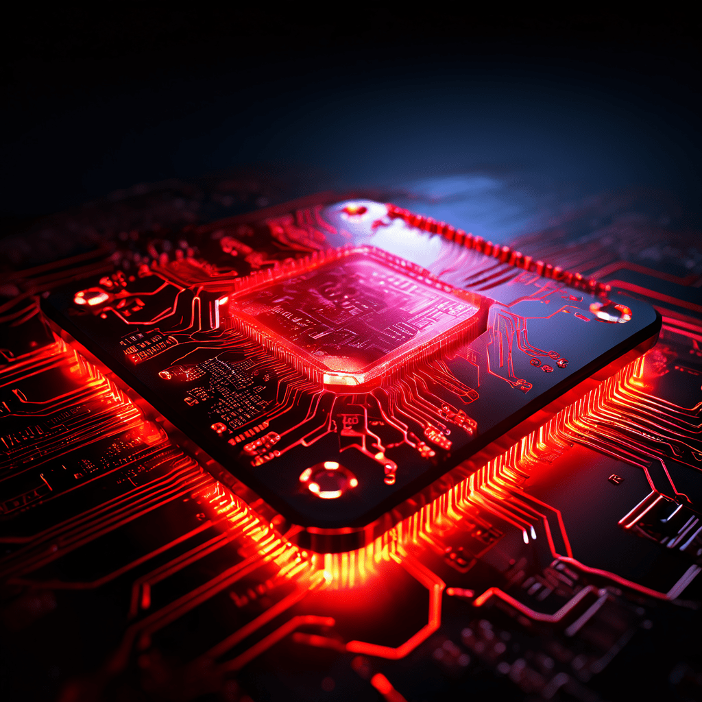 빨갛게 달아오른 고성능 컴퓨터 칩 위에 희미하고 갈라진 디지털 성능 그래프가 겹쳐 있는 모습이다.