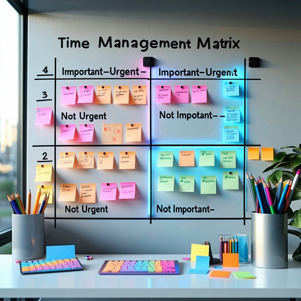 중요도와 긴급도에 따라 정리된 타임 매트릭스 보드와 다양한 색상의 포스트잇이 붙은 작업 공간