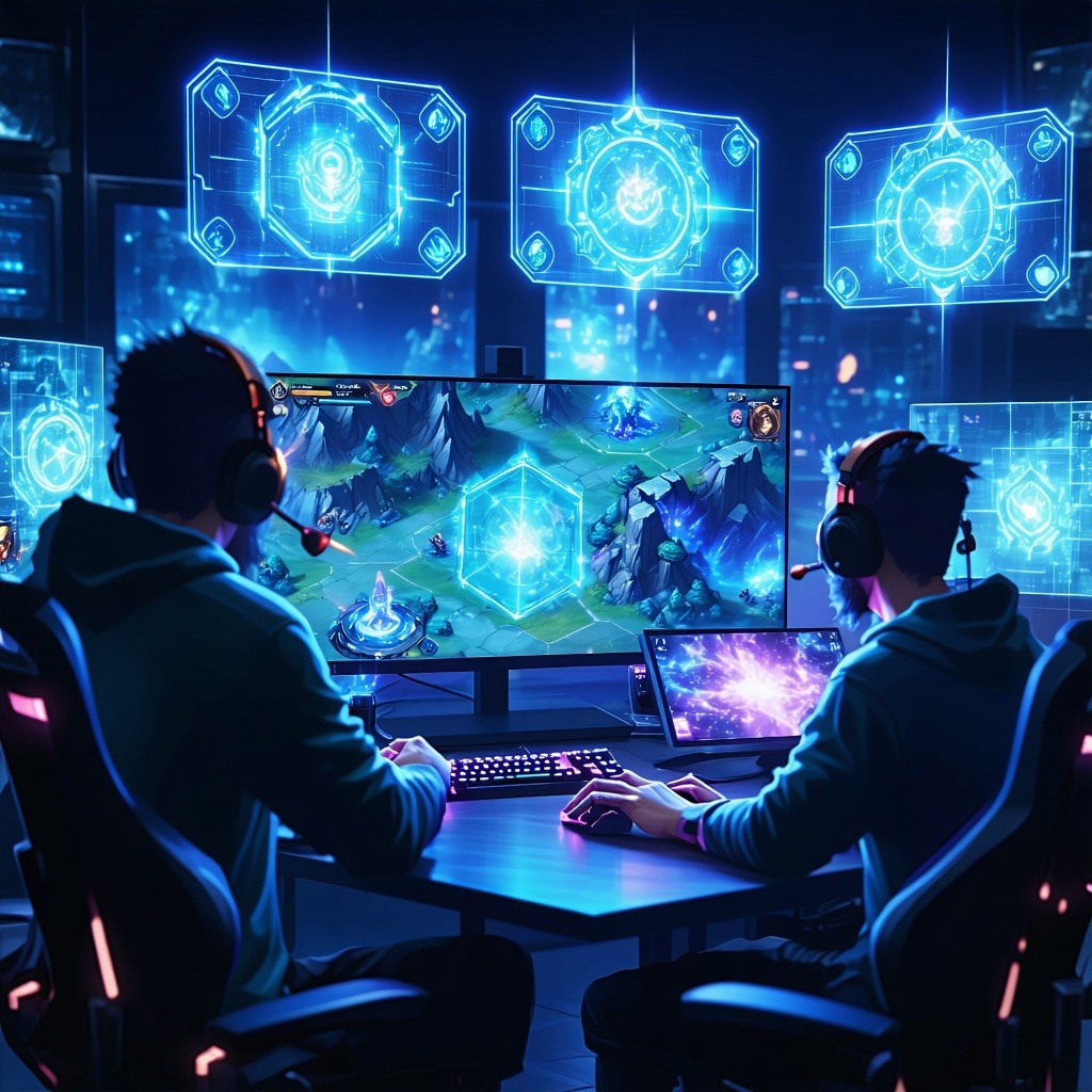 전술 홀로그램이 떠 있는 가운데, 듀얼 모니터로 팀 게임을 플레이하는 두 명의 게이머 모습