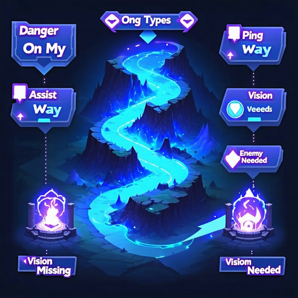위험 신호, 지원 요청, 시야 부족 등 다양한 핑 아이콘이 표시된 게임 지도 이미지.