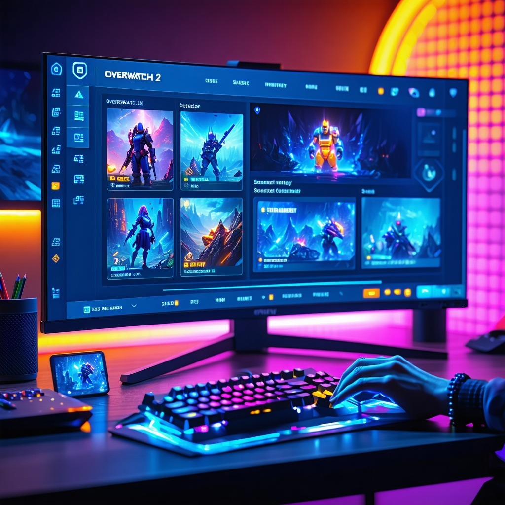 오버워치 게임 화면이 켜진 대형 모니터 앞에서 RGB 키보드로 플레이하는 게이밍 데스크 셋업