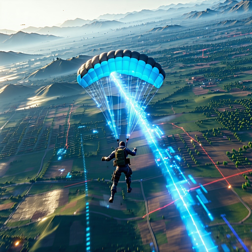 게임 맵 위를 활공하는 패러슈트 플레이어와 푸른빛 궤적 효과가 어우러진 역동적인 이미지