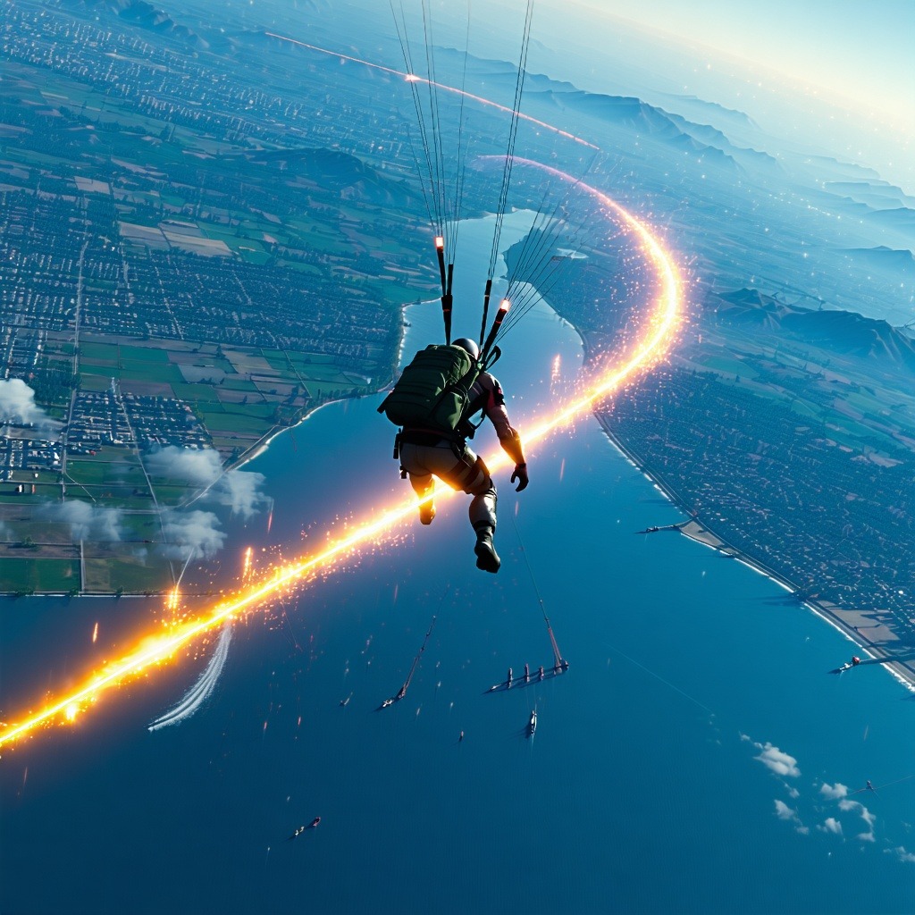광속 궤적을 그리며 도시와 바다 위를 활공하는 캐릭터의 화려한 스카이다이빙 장면.