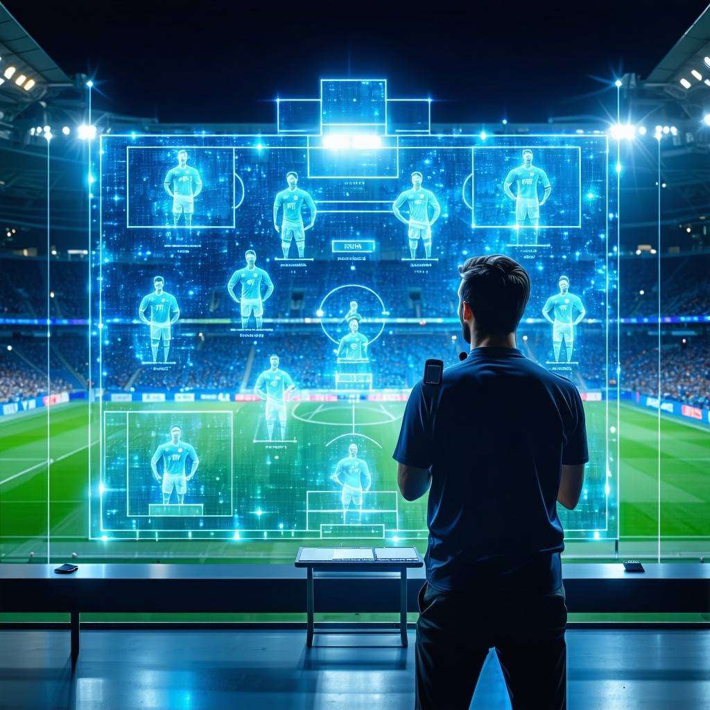 경기장 앞에서 코치가 홀로그램으로 표시된 축구 팀 전술과 포메이션을 분석하는 장면