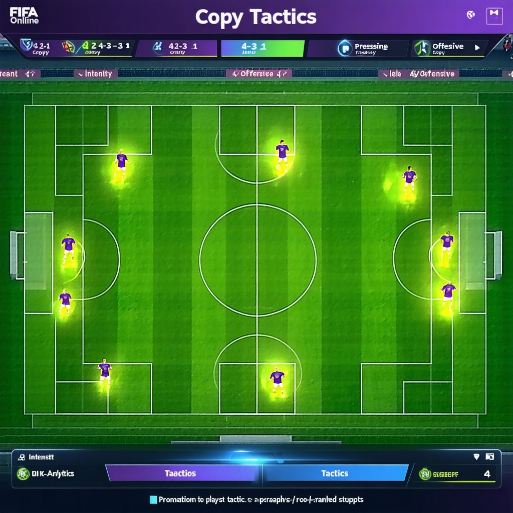 피파 온라인에서 선수 위치를 설정하는 전술 배치 화면과 하이라이트된 포메이션