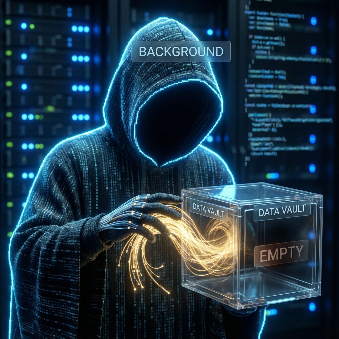 어두운 배경에 '배경'이라 적힌 디지털 도둑이 빛나던 데이터 금고의 에너지를 빼앗아 어둡게 만든 모습입니다.