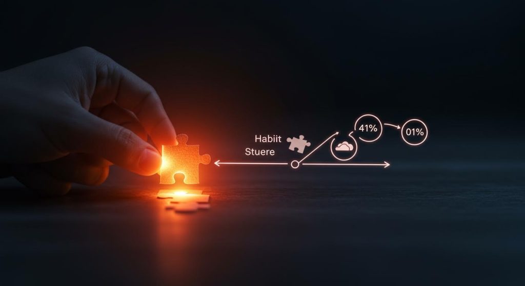 손끝에서 빛나는 퍼즐 조각과 함께 습관 형성을 설명하는 시각적 그래프가 표현된 이미지