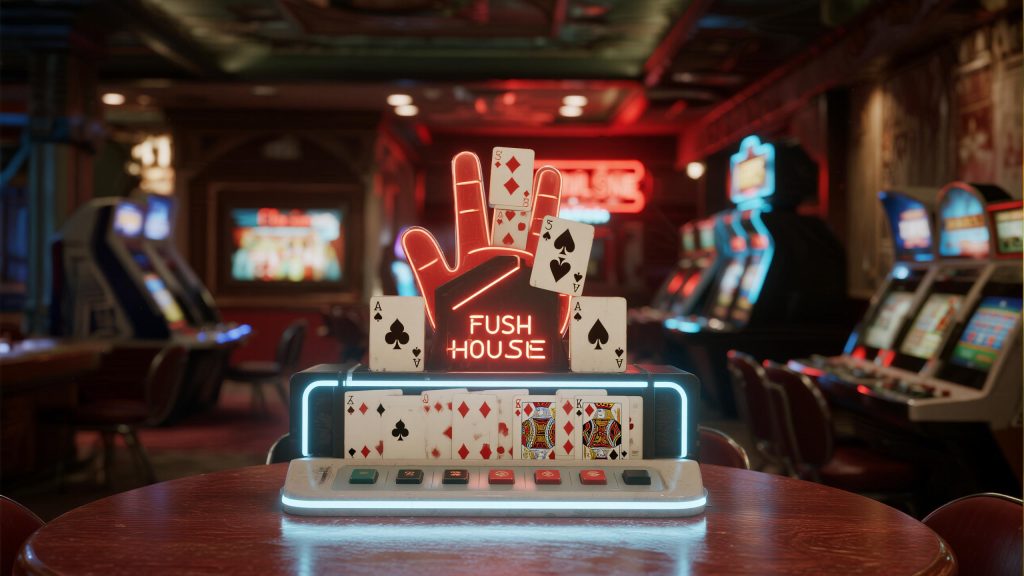 카지노 테이블 위에 네온 조명과 카드 장식이 결합된 ‘Fush House’ 테마 연출