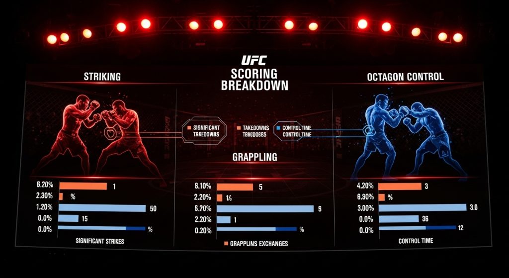 UFC 경기의 타격, 그래플링, 옥타곤 컨트롤 지표를 비교한 상세 분석 화면