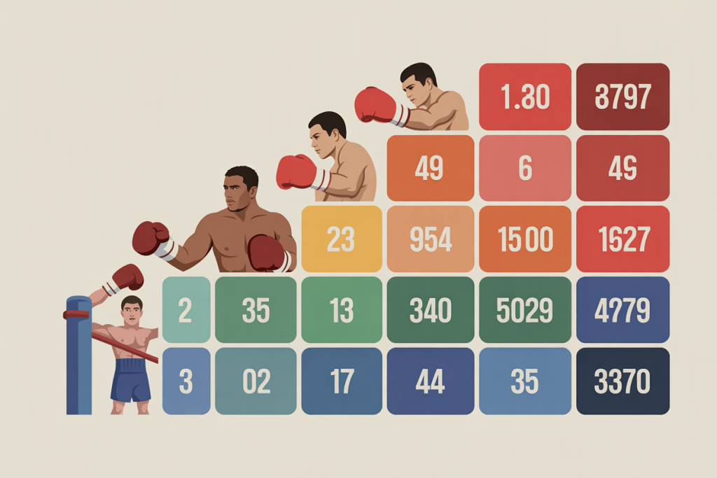 권투 선수들의 기록과 능력치를 색상별 블록으로 시각화한 비교 그래픽