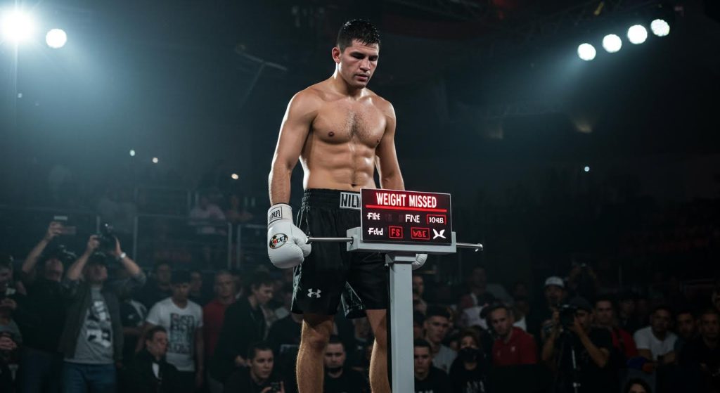 경기 전 계체량에 서 있는 복서와 체중 측정 결과가 표시된 모습