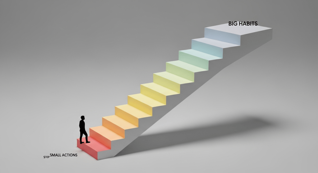작은 행동에서 시작해 큰 습관으로 이어지는 과정을 계단으로 비유한 미니멀한 시각화