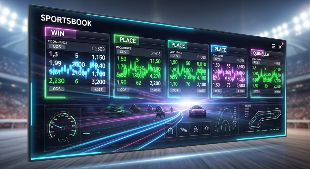 레이싱 경기 배당률과 실시간 데이터가 표시된 스포츠북 인터페이스